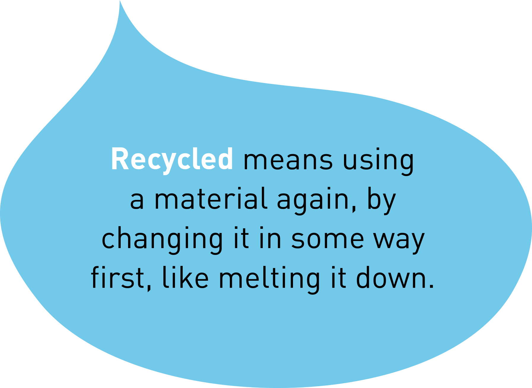 Recycled means using a material again, by changing it in some way first, like melting it down.